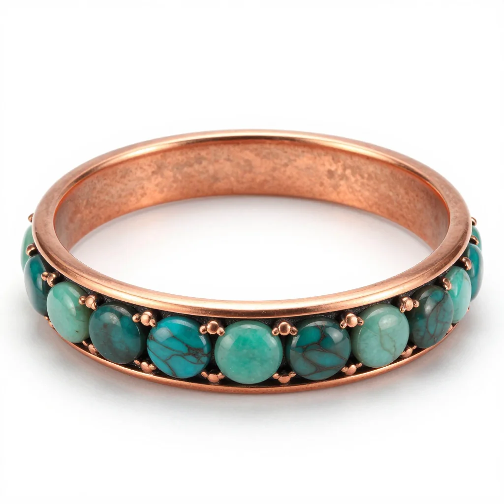 Copper Bangle with Turquoise and Jade Inlay