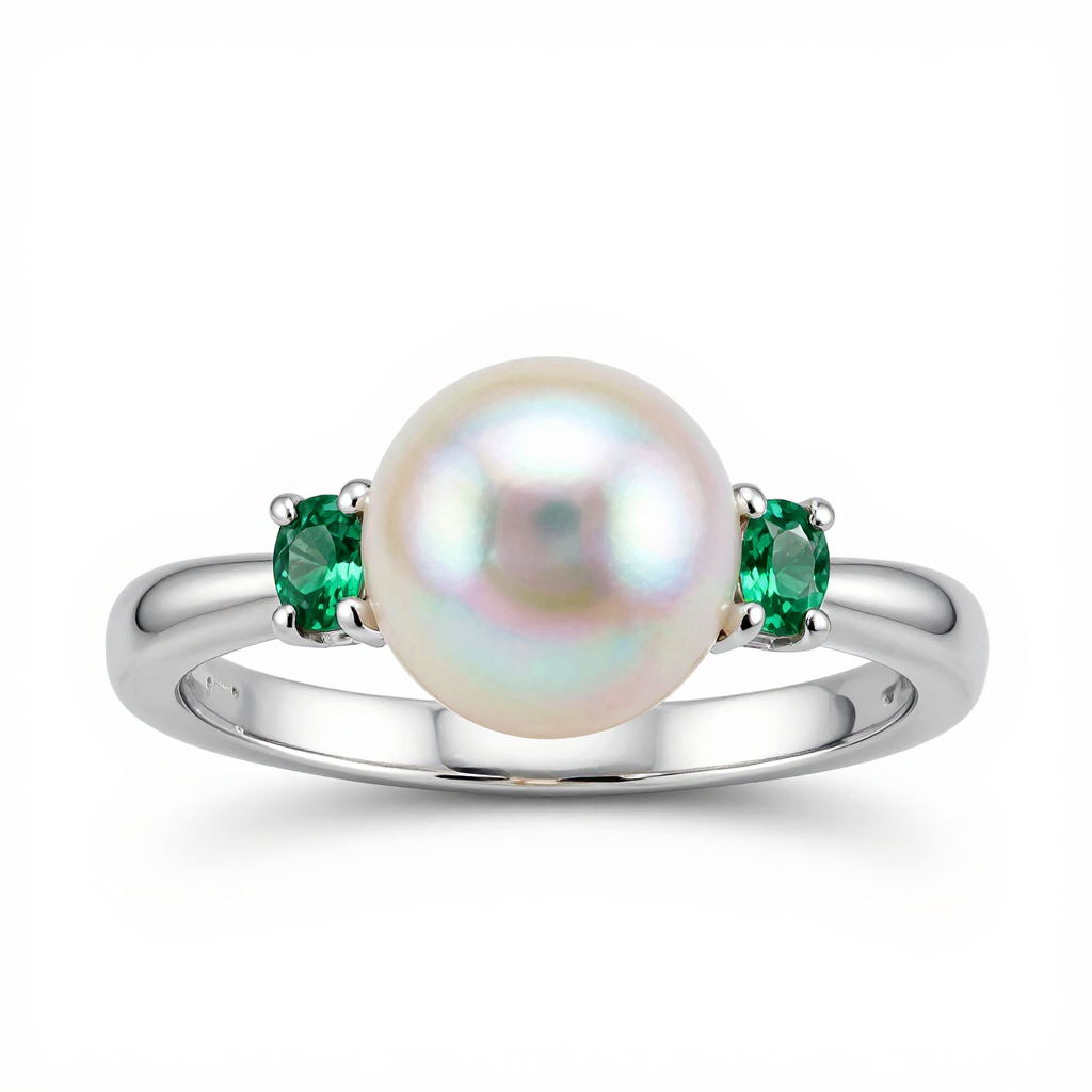 Pearl and Emerald Engagement Ring in White Gold with Timeless Three-Stone Design