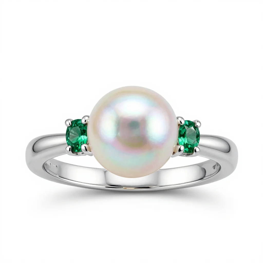 Pearl and Emerald Engagement Ring in White Gold with Timeless Three-Stone Design