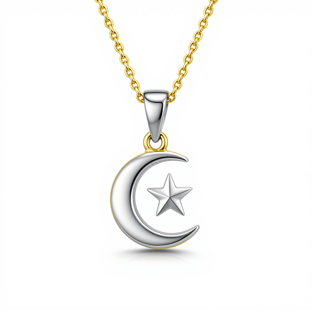 Celestial Star Pendant in 14k Yellow Gold and Silver with Crescent Moon Design