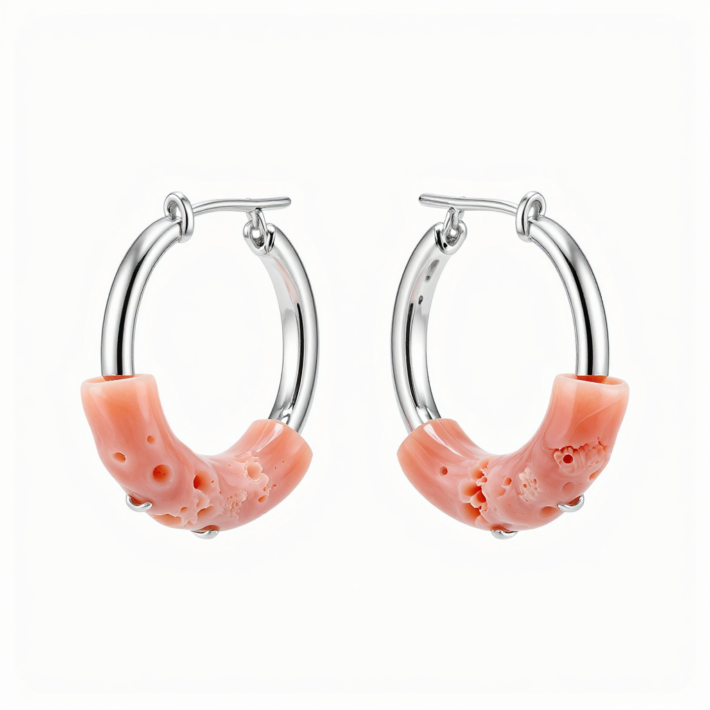 Coral and Silver Hoop Earrings