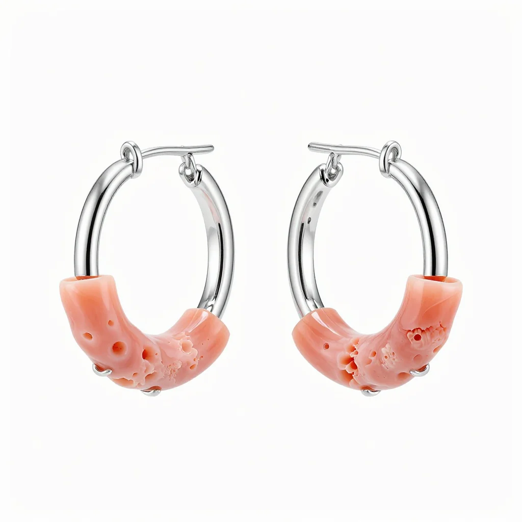 Coral and Silver Hoop Earrings