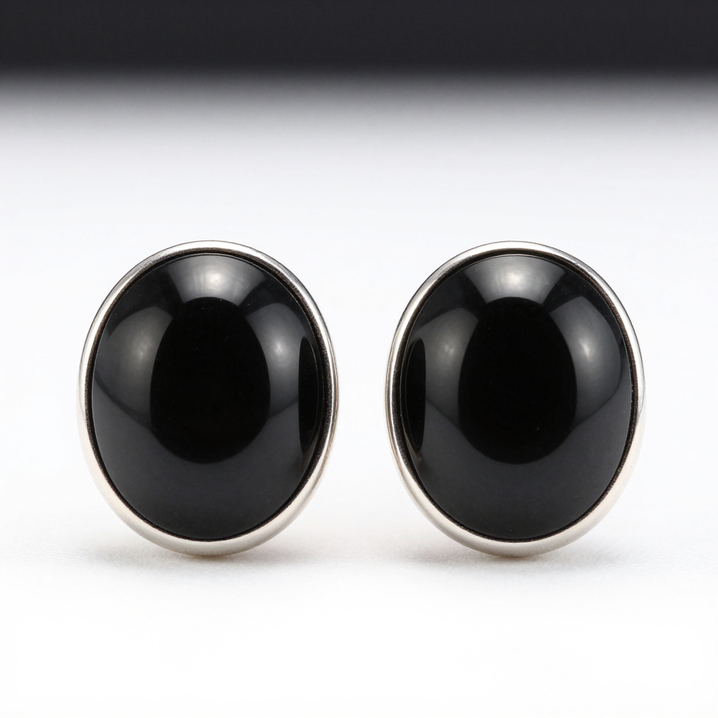 Black Onyx Stud Earrings with Silver Frame