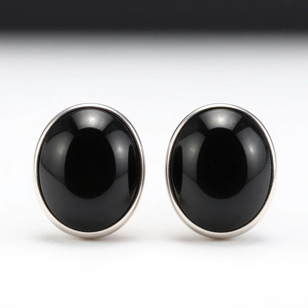 Black Onyx Stud Earrings with Silver Frame