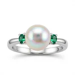 Pearl and Emerald Engagement Ring in White Gold with Timeless Three-Stone Design - 1