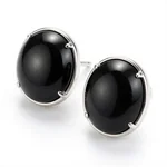 Black Onyx Stud Earrings with Silver Frame - 2