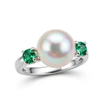 Pearl and Emerald Engagement Ring in White Gold with Timeless Three-Stone Design - 2